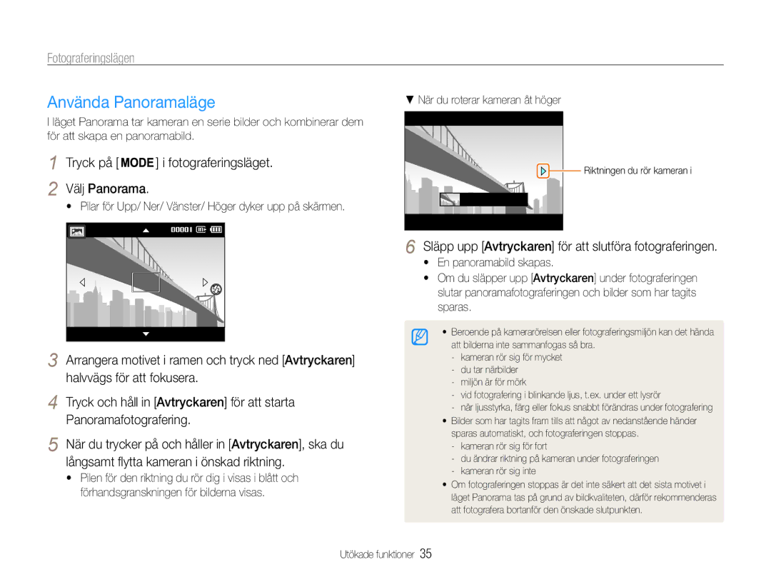 Samsung EC-ST94ZZBPBE2, EC-ST93ZZBPBE2, EC-ST93ZZBPRE2 manual Använda Panoramaläge, Välj Panorama, En panoramabild skapas 