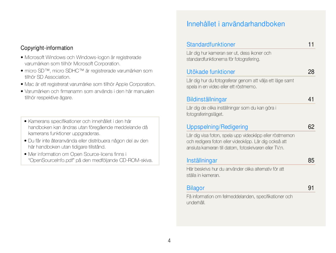 Samsung EC-ST93ZZBPBE2 manual Innehållet i användarhandboken, Copyright-information, Spela in en video eller ett röstmemo 