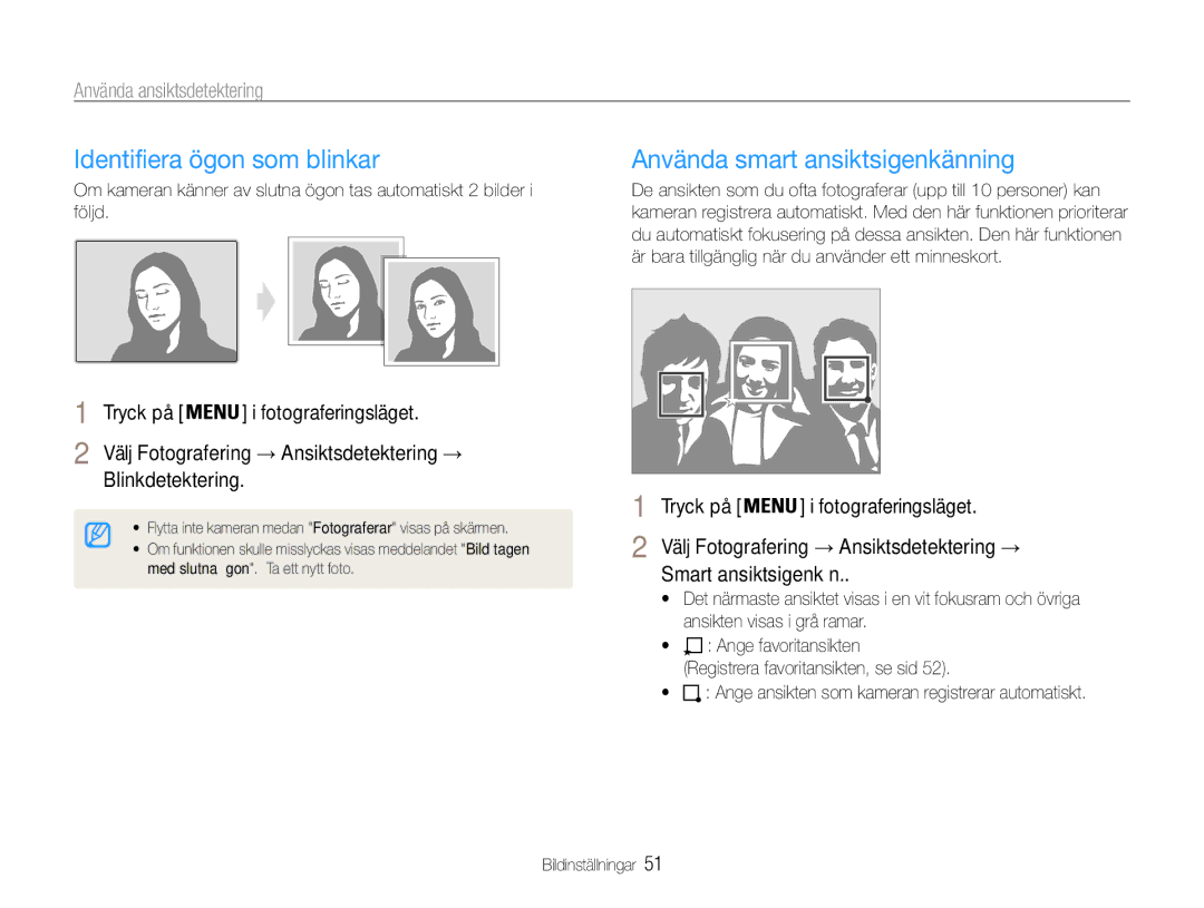 Samsung EC-ST94ZZBPBE2, EC-ST93ZZBPBE2 Identifiera ögon som blinkar, Använda smart ansiktsigenkänning, Blinkdetektering 