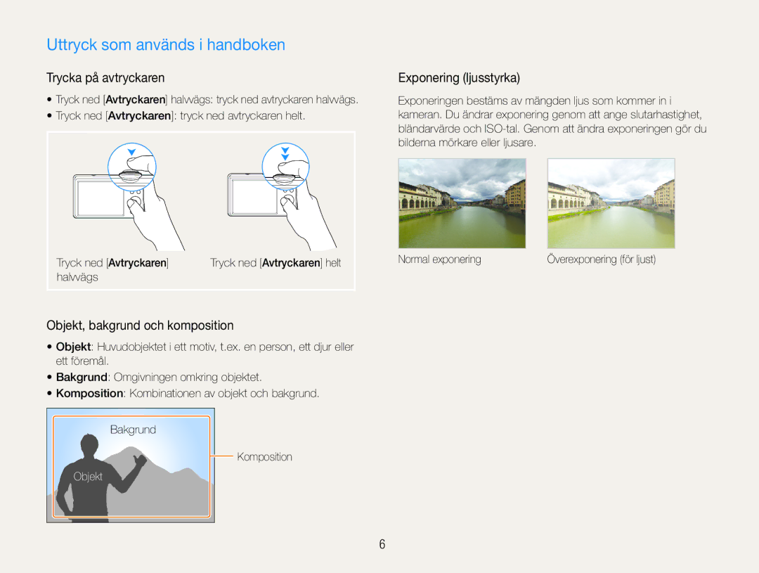 Samsung EC-ST94ZZBPRE2 manual Uttryck som används i handboken, Trycka på avtryckaren, Objekt, bakgrund och komposition 