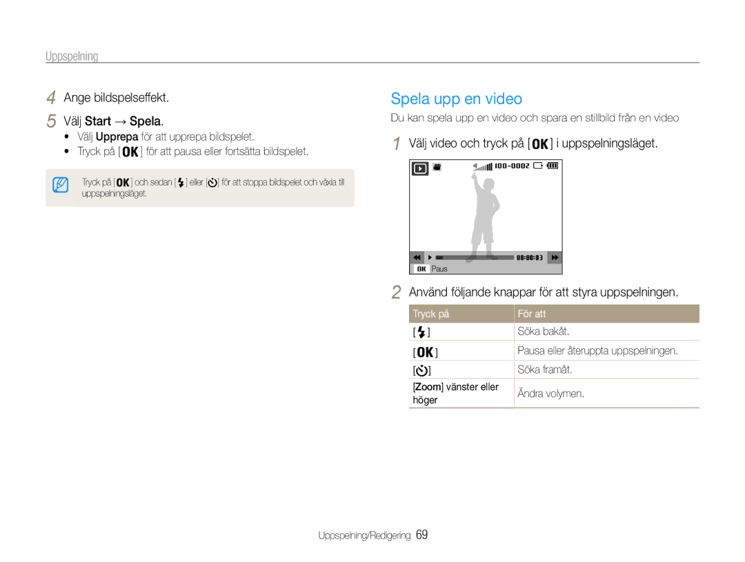 Samsung EC-ST93ZZBPRE2 manual Spela upp en video, Ange bildspelseffekt Välj Start → Spela, Välj video och tryck på 