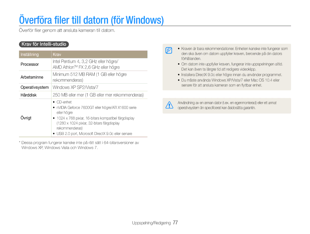 Samsung EC-ST93ZZBPRE2, EC-ST94ZZBPBE2 Överföra filer till datorn för Windows, Krav för Intelli-studio, Inställning Krav 