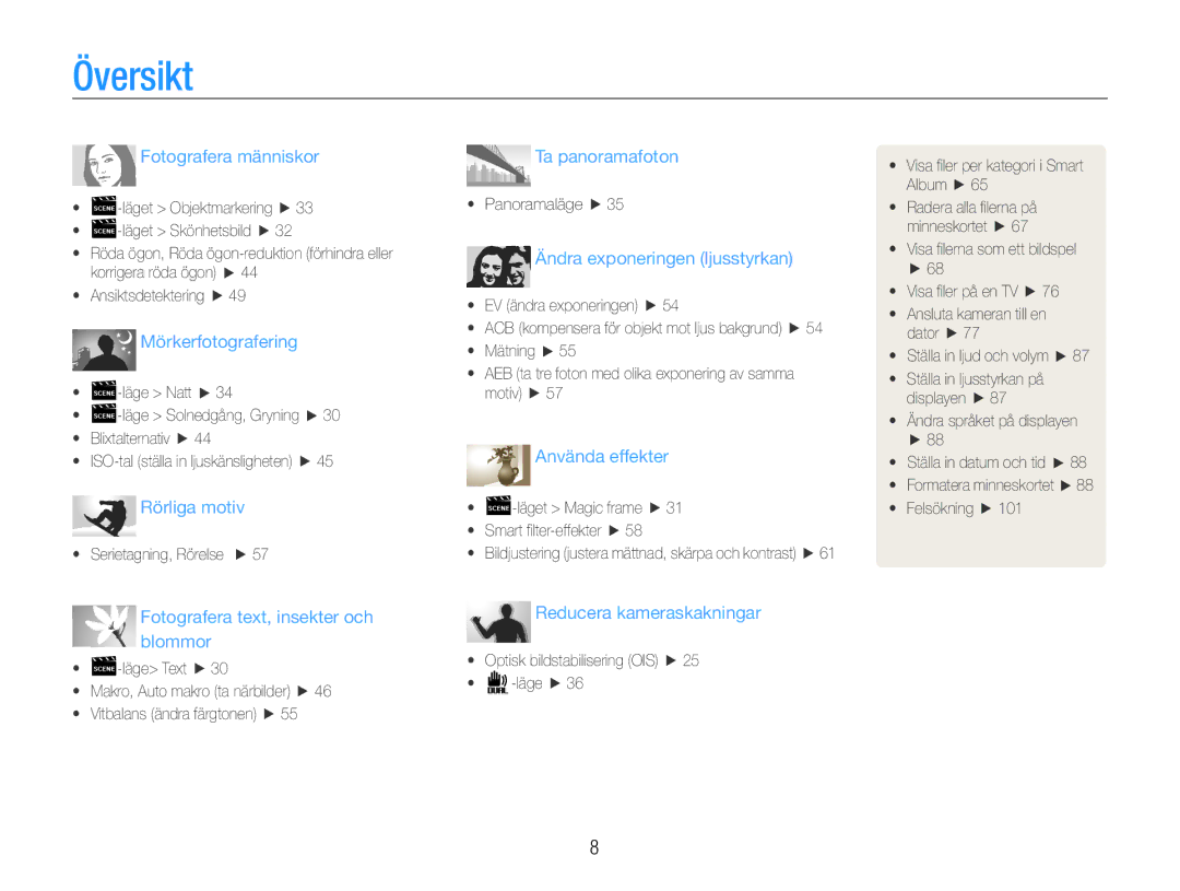 Samsung EC-ST93ZZBPBE2, EC-ST94ZZBPBE2, EC-ST93ZZBPRE2, EC-ST94ZZBPRE2 manual Översikt, Fotografera människor 