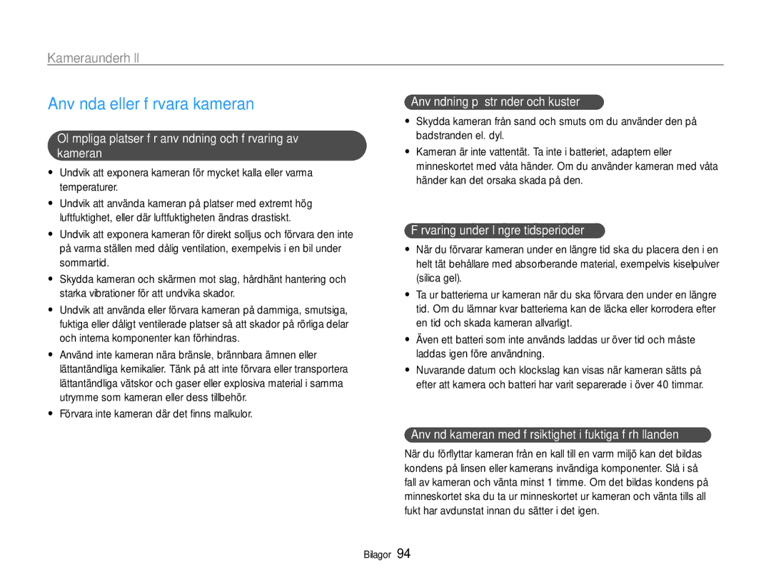 Samsung EC-ST94ZZBPRE2, EC-ST94ZZBPBE2, EC-ST93ZZBPBE2, EC-ST93ZZBPRE2 manual Använda eller förvara kameran, Kameraunderhåll 