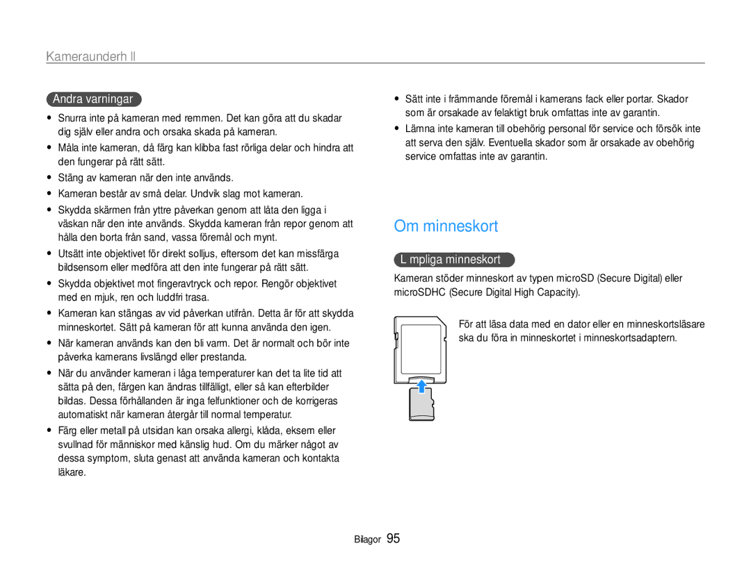 Samsung EC-ST94ZZBPBE2, EC-ST93ZZBPBE2, EC-ST93ZZBPRE2, EC-ST94ZZBPRE2 Om minneskort, Andra varningar, Lämpliga minneskort 