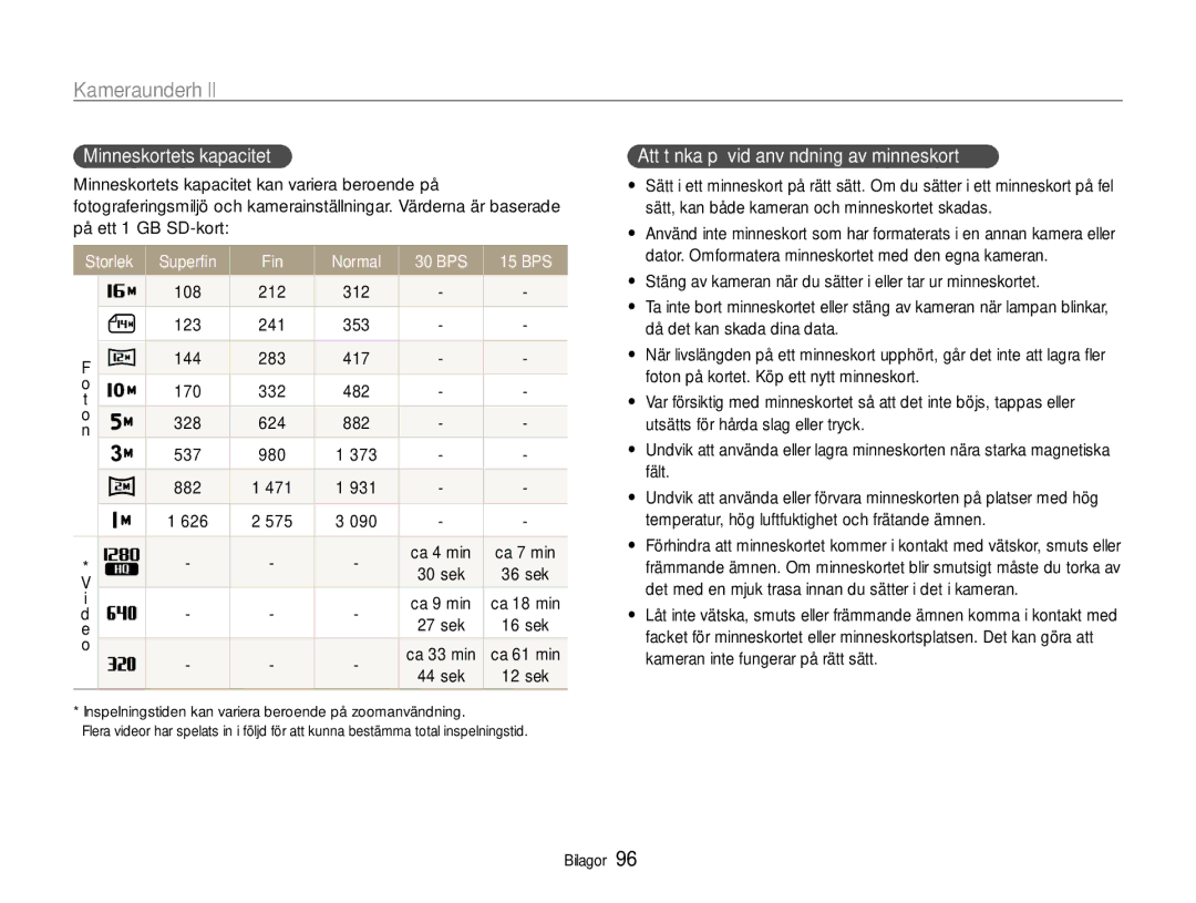 Samsung EC-ST93ZZBPBE2 manual Minneskortets kapacitet, Att tänka på vid användning av minneskort, 108 212 312, sek 36 sek 