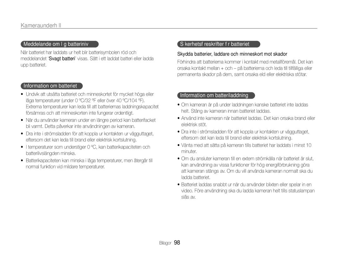 Samsung EC-ST94ZZBPRE2 manual Meddelande om låg batterinivå, Information om batteriet, Säkerhetsföreskrifter för batteriet 