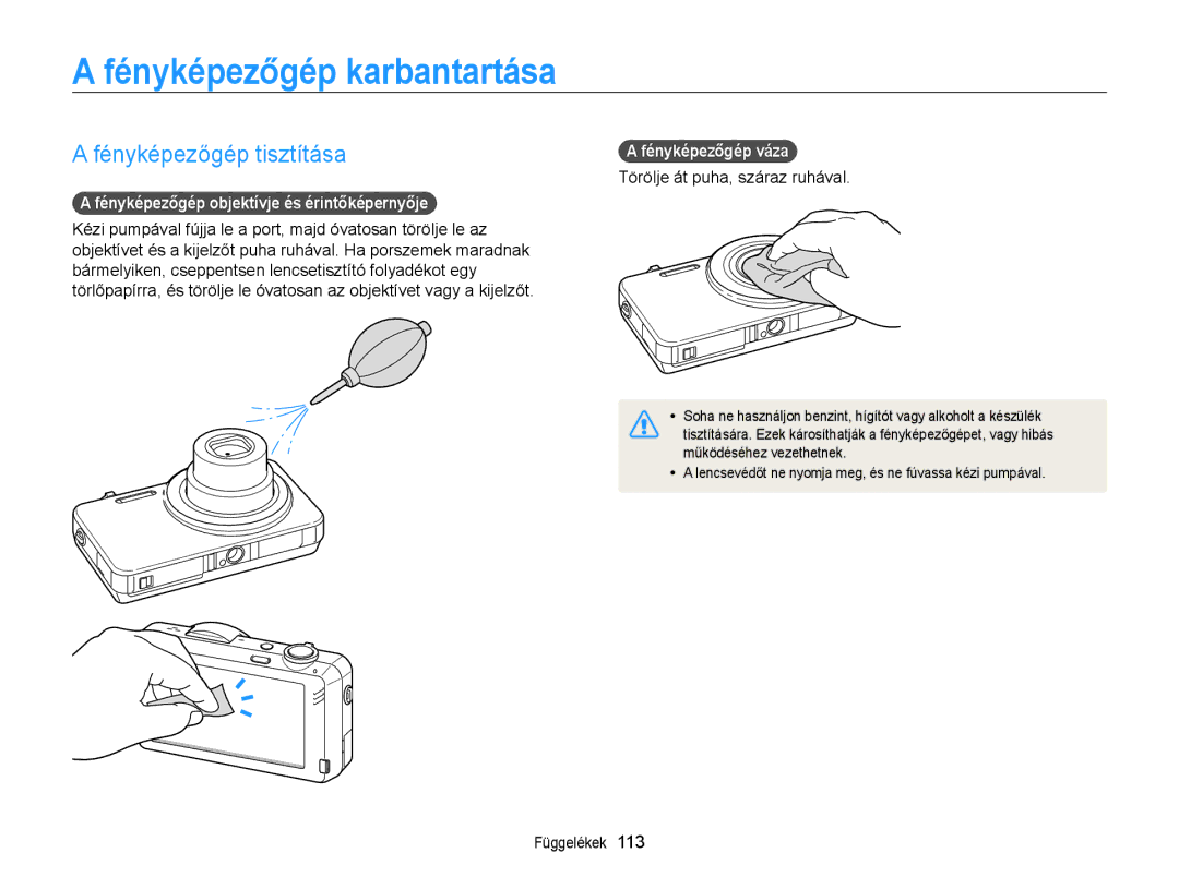 Samsung EC-ST95ZZBPLE3 Fényképezőgép karbantartása, Fényképezőgép tisztítása, Fényképezőgép objektívje és érintőképernyője 