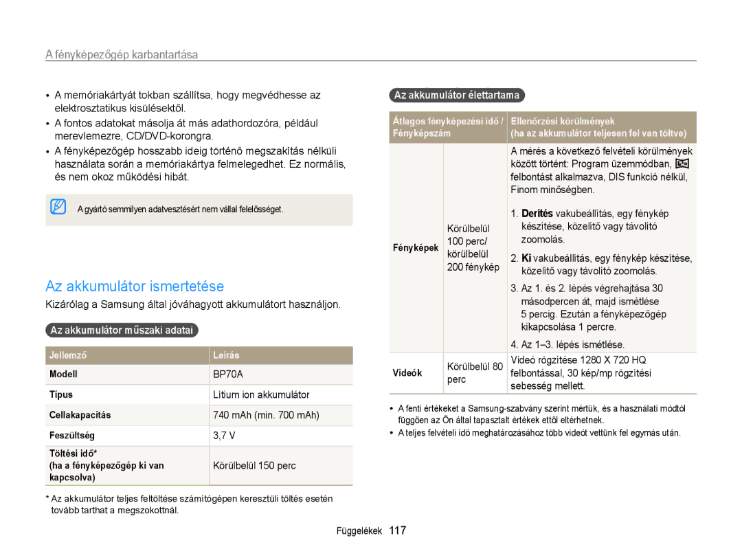 Samsung EC-ST95ZZBPBE2 manual Az akkumulátor ismertetése, Az akkumulátor műszaki adatai, Az akkumulátor élettartama 