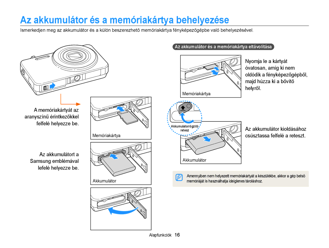 Samsung EC-ST95ZZBPPE3 Az akkumulátor és a memóriakártya behelyezése, Nyomja le a kártyát, Óvatosan, amíg ki nem, Helyről 