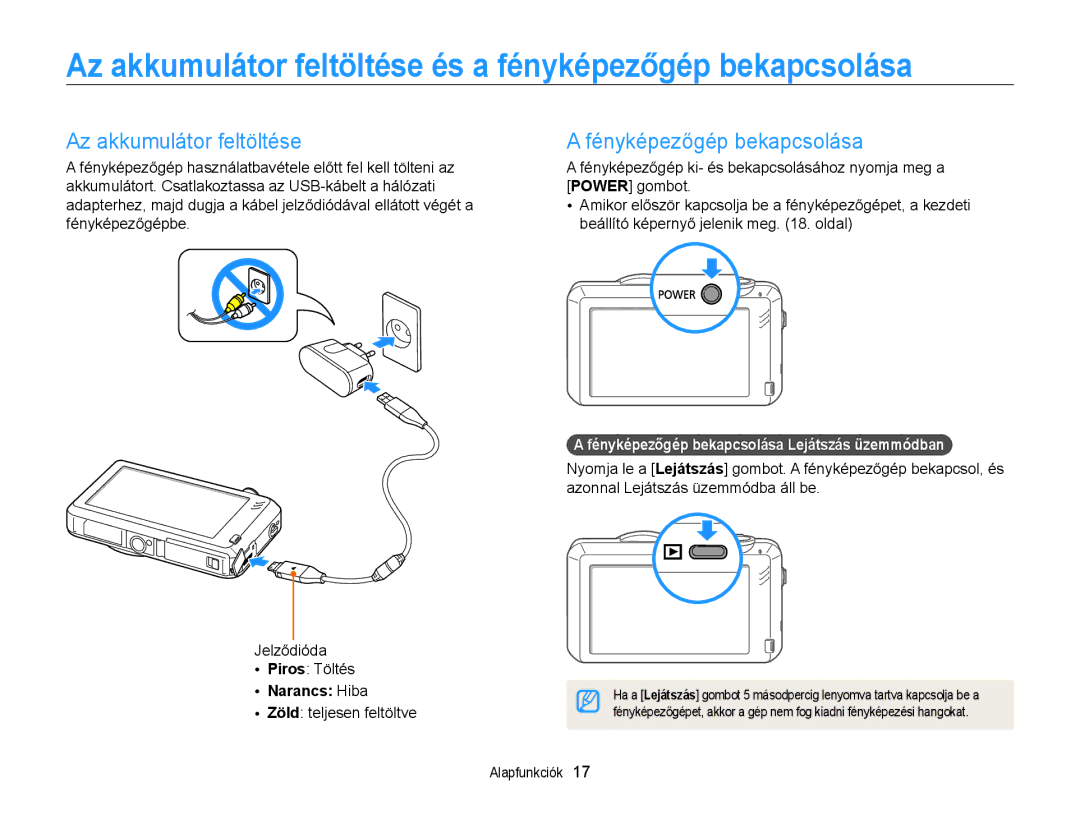 Samsung EC-ST95ZZBPPE2 Az akkumulátor feltöltése és a fényképezőgép bekapcsolása, Fényképezőgép bekapcsolása, Narancs Hiba 