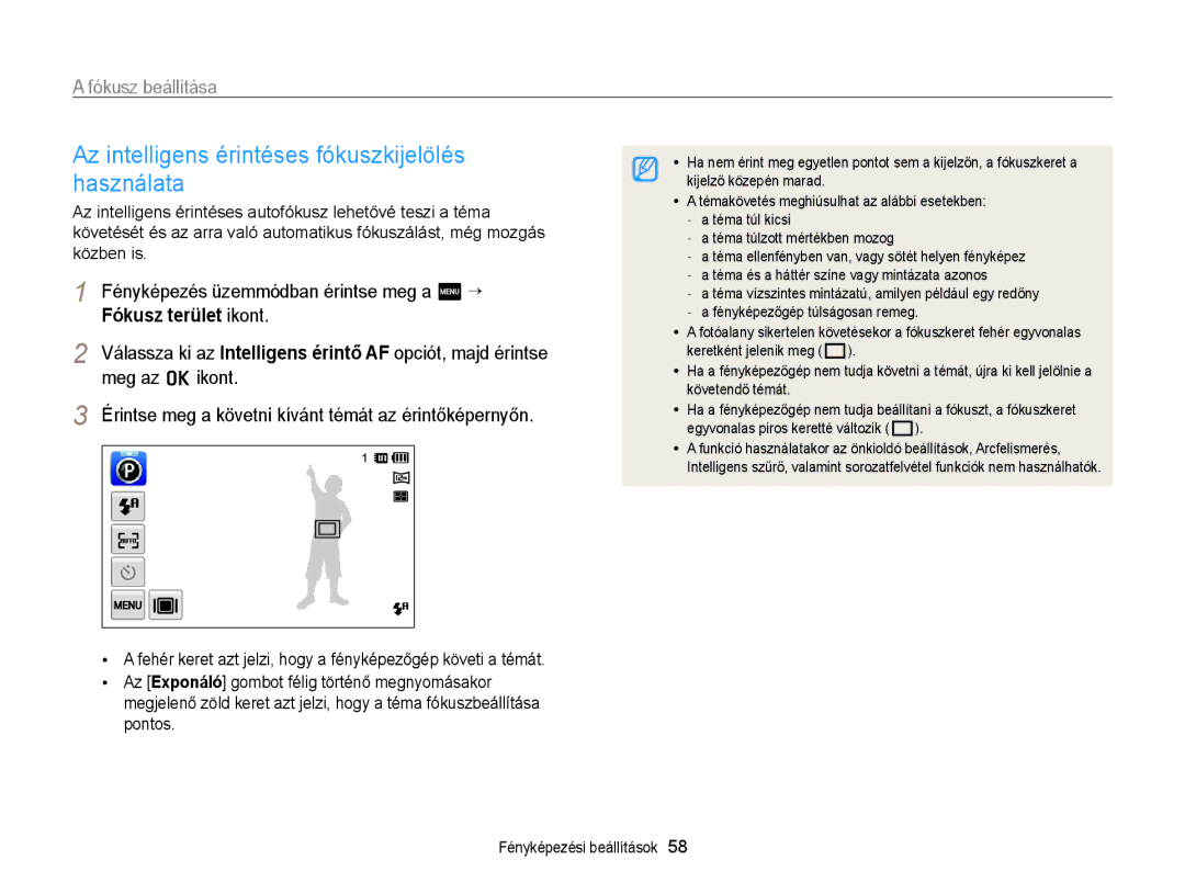 Samsung EC-ST95ZZBPLE3 manual Az intelligens érintéses fókuszkijelölés használata, Fókusz beállítása, Meg az o ikont 