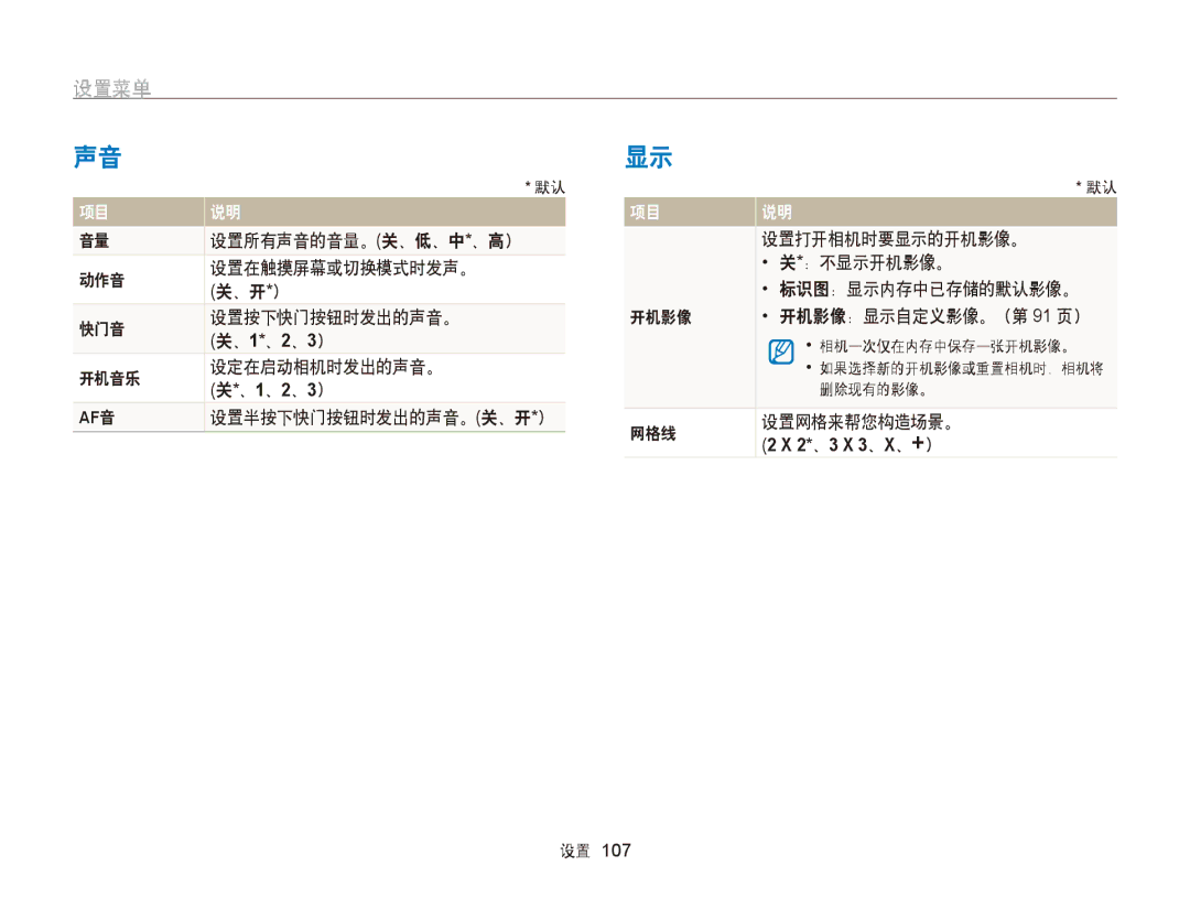 Samsung EC-ST95ZZBPLE2, EC-ST95ZZBPLE1 manual 设置菜单, 开机音乐 设定在启动相机时发出的声音。, 、1、2、3）, 设置半按下快门按钮时发出的声音。关、开*） 网格线 设置网格来帮您构造场景。 