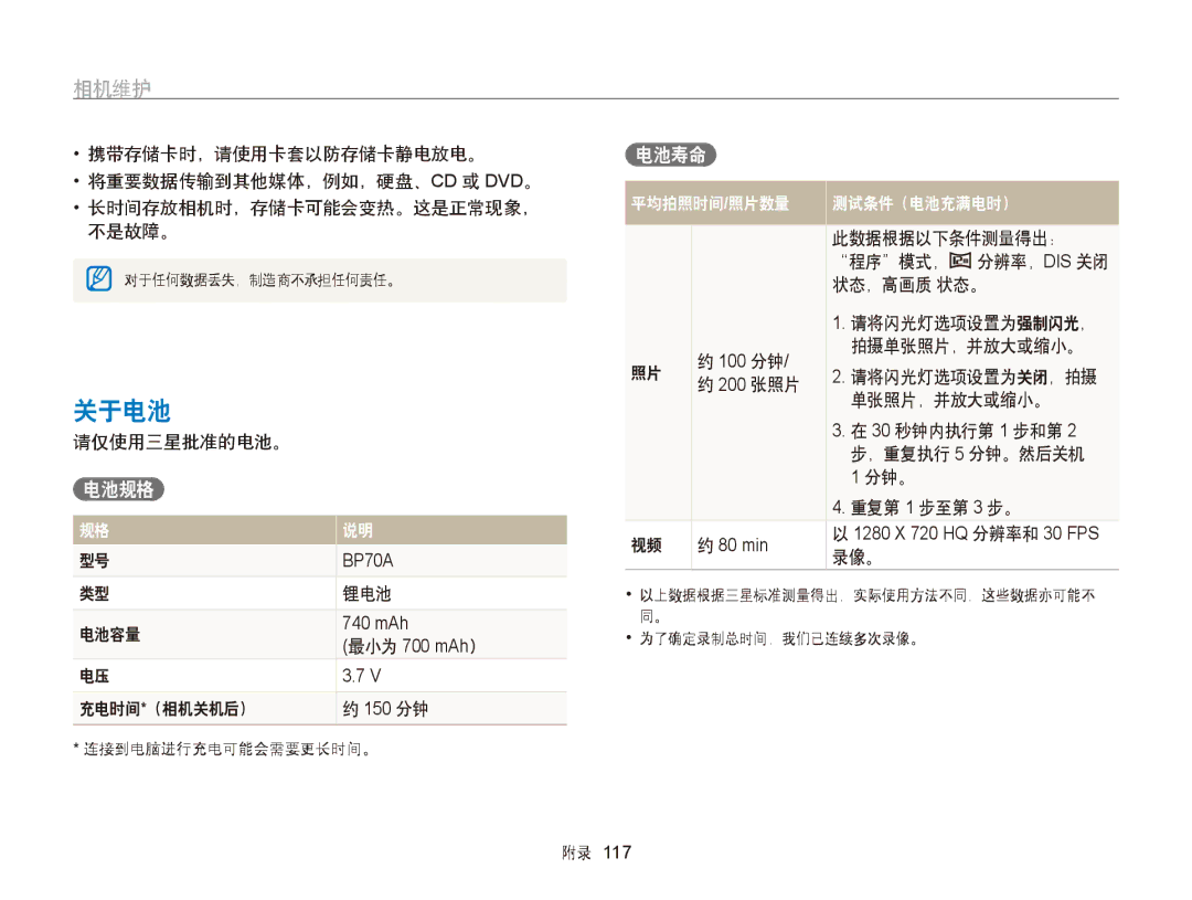 Samsung EC-ST95ZZBPBE2, EC-ST95ZZBPLE1, EC-ST95ZZBPBE1, EC-ST95ZZBPOE1, EC-ST95ZZBPSE3, EC-ST95ZZBPLE3 manual 关于电池, 电池规格, 电池寿命 