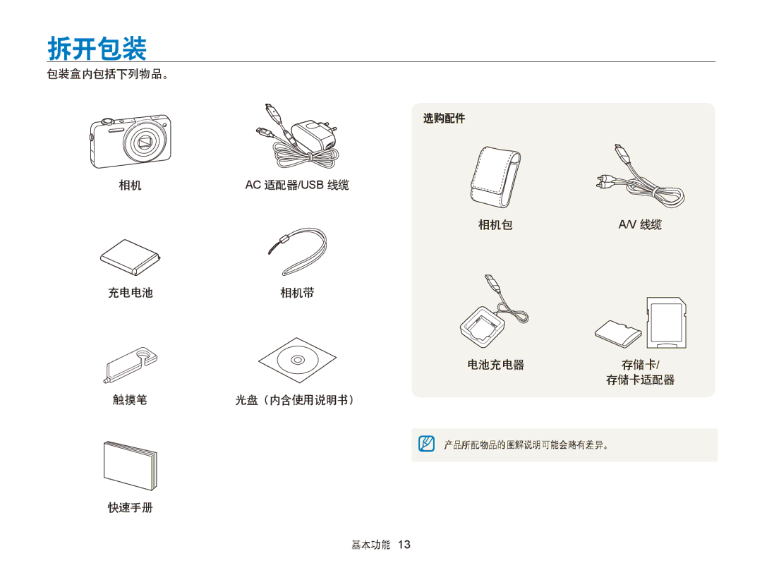 Samsung EC-ST95ZZBPSE3 manual 拆开包装, 包装盒内包括下列物品。 选购配件, 适配器 相机包 充电电池相机带 电池充电器 存储卡/ 存储卡适配器 触摸笔 光盘（内含使用说明书）, 快速手册 基本功能 