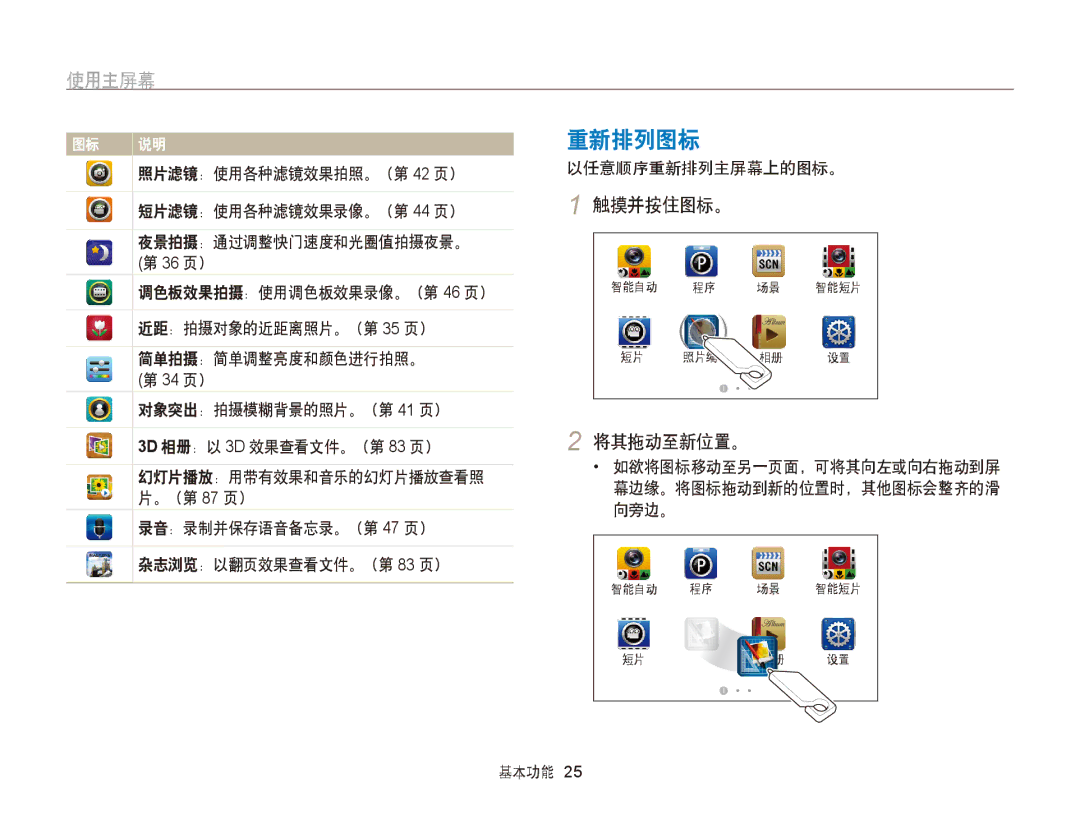 Samsung EC-ST95ZZBPLE3, EC-ST95ZZBPLE1, EC-ST95ZZBPBE1, EC-ST95ZZBPOE1, EC-ST95ZZBPSE3 重新排列图标, 使用主屏幕, 触摸并按住图标。, 将其拖动至新位置。 