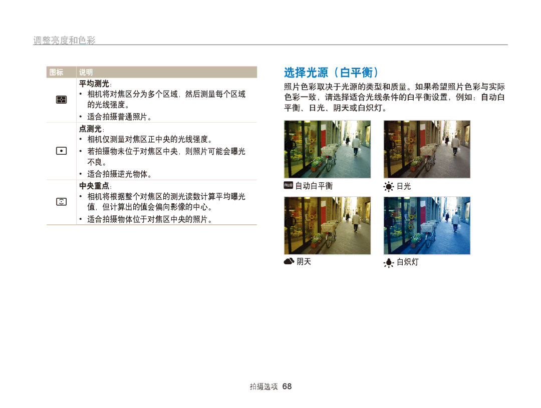 Samsung EC-ST95ZZBPSE3, EC-ST95ZZBPLE1, EC-ST95ZZBPBE1, EC-ST95ZZBPOE1 manual 选择光源（白平衡）, 适合拍摄逆光物体。 中央重点：, 适合拍摄物体位于对焦区中央的照片。 