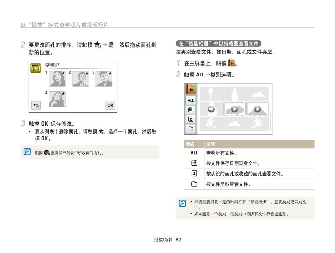 Samsung EC-ST95ZZBPPE3, EC-ST95ZZBPLE1 要更改面孔的排序，请触摸 → 是，然后拖动面孔到 新的位置。, 触摸 o 保存修改。, 在主屏幕上，触摸 。 触摸 →类别选项。, 在智能相册中以缩略图查看文件 