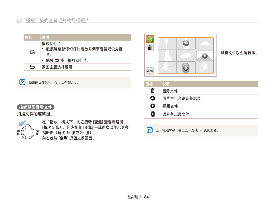 Samsung EC-ST95ZZBPBE2 manual 按缩略图查看文件, 播放幻灯片。 触摸屏幕暂停幻灯片播放并调节音量或设为静, 扫描文件的缩略图。 在播放模式下，向左旋转 变焦 查看缩略图, 向右旋转 变焦 返回之前画面。 