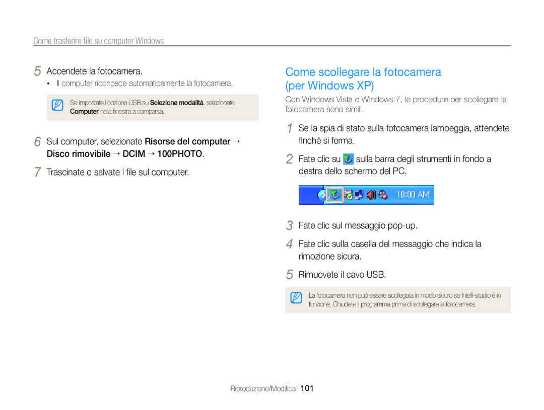 Samsung EC-ST95ZZBPLE1 manual Come scollegare la fotocamera per Windows XP, Trascinate o salvate i ﬁle sul computer 