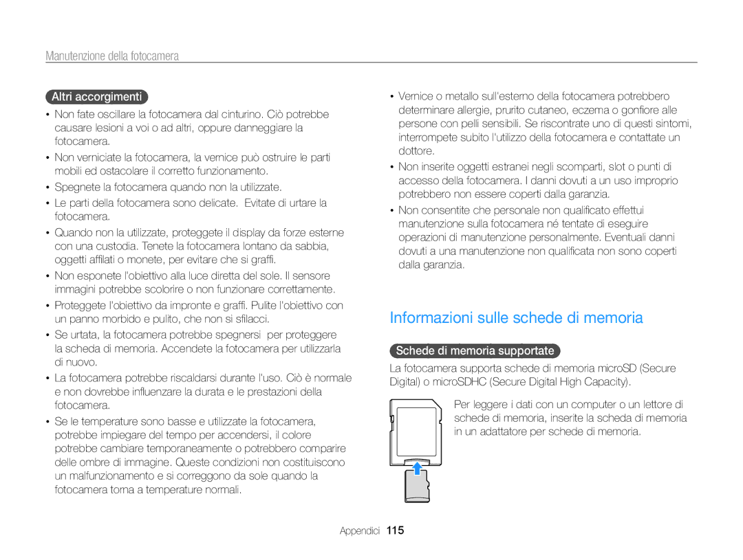 Samsung EC-ST95ZZBPOE1 manual Informazioni sulle schede di memoria, Altri accorgimenti, Schede di memoria supportate 