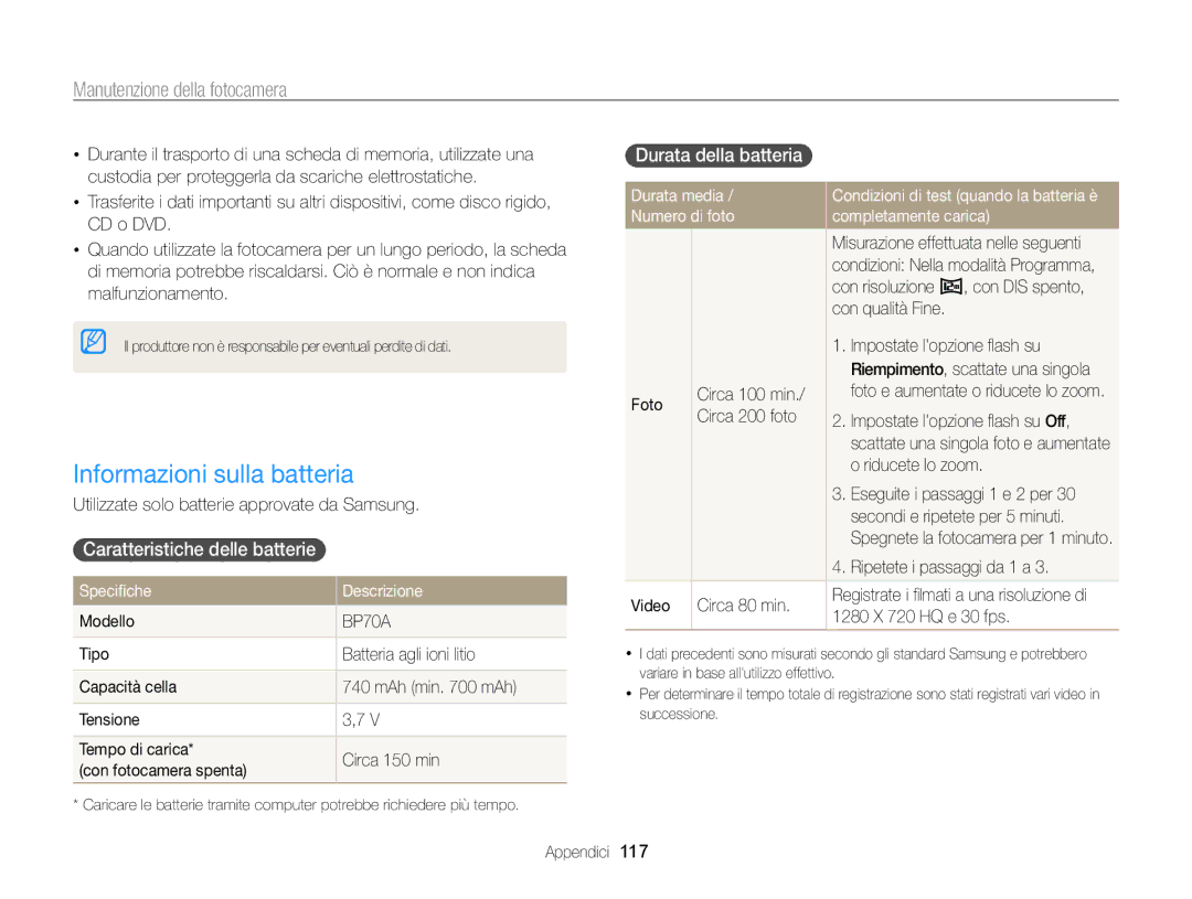 Samsung EC-ST95ZZBPBE1, EC-ST95ZZBPLE1 Informazioni sulla batteria, Caratteristiche delle batterie, Durata della batteria 