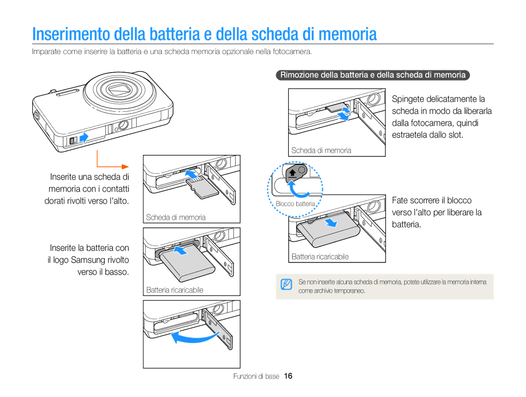 Samsung EC-ST95ZZBPOE1 manual Inserimento della batteria e della scheda di memoria, Batteria, Verso lalto per liberare la 