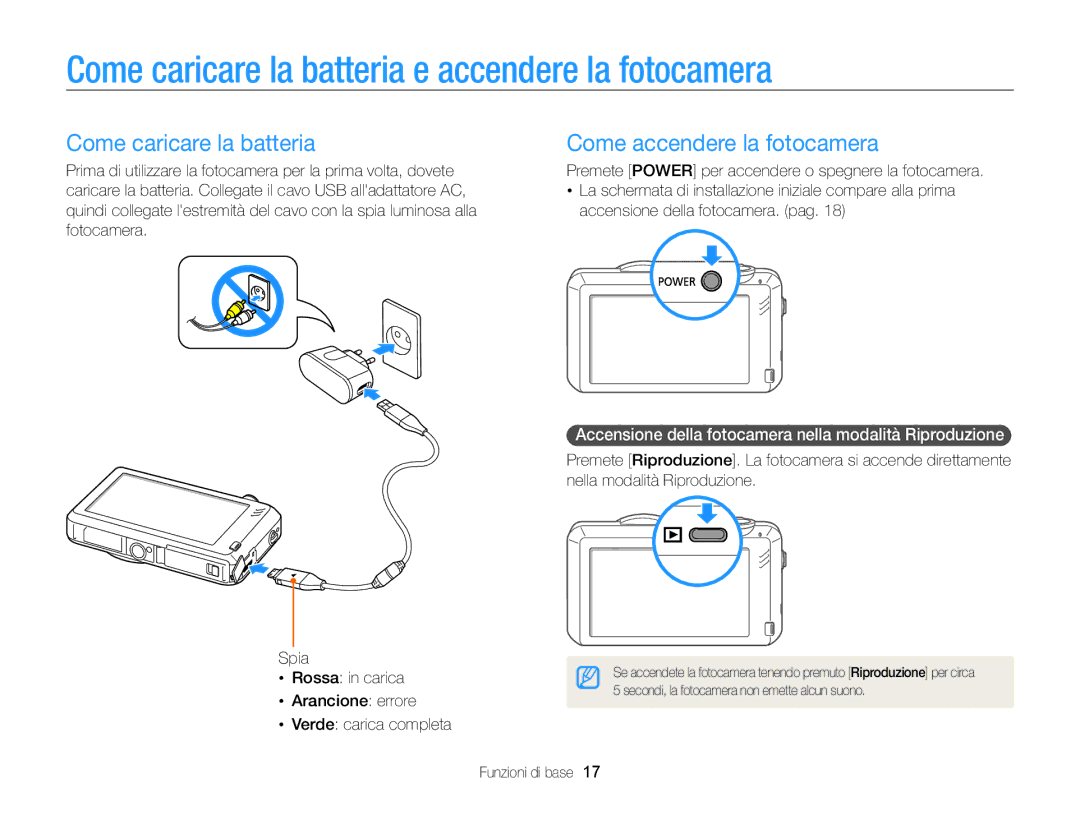 Samsung EC-ST95ZZBPLE1, EC-ST95ZZBPBE1, EC-ST95ZZBPOE1 manual Come caricare la batteria e accendere la fotocamera 