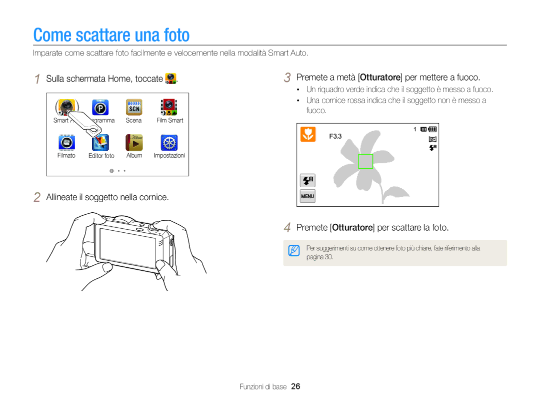 Samsung EC-ST95ZZBPLE1 Come scattare una foto, Sulla schermata Home, toccate, Premete Otturatore per scattare la foto 