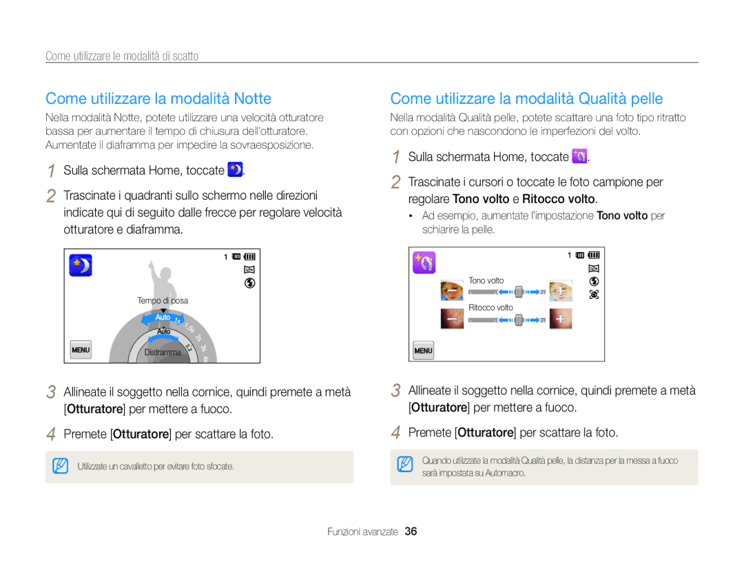 Samsung EC-ST95ZZBPBE1, EC-ST95ZZBPLE1 manual Come utilizzare la modalità Notte, Come utilizzare la modalità Qualità pelle 