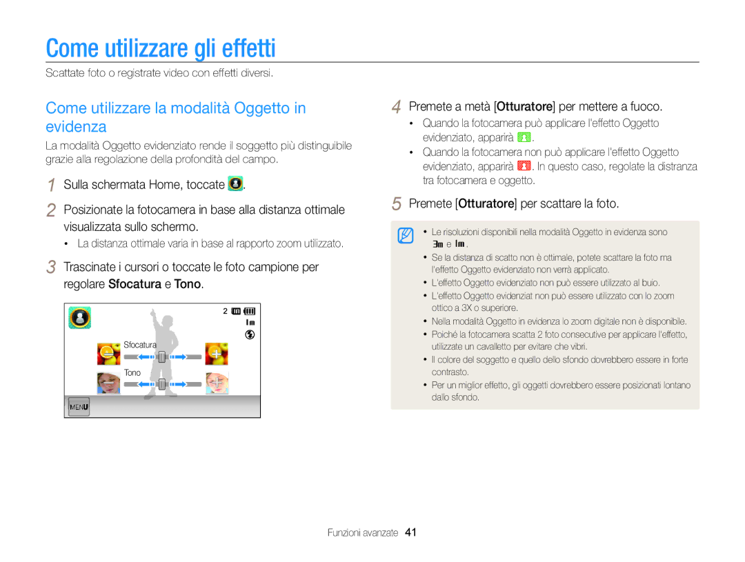 Samsung EC-ST95ZZBPLE1, EC-ST95ZZBPBE1 manual Come utilizzare gli effetti, Come utilizzare la modalità Oggetto in evidenza 