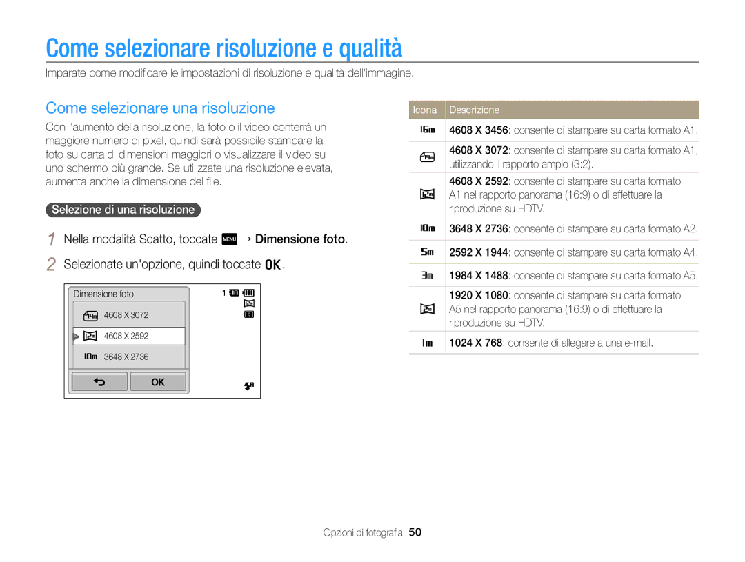 Samsung EC-ST95ZZBPLE1, EC-ST95ZZBPBE1 manual Come selezionare risoluzione e qualità, Come selezionare una risoluzione 