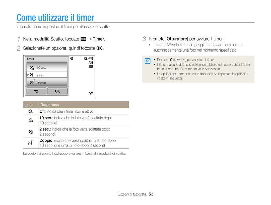 Samsung EC-ST95ZZBPLE1, EC-ST95ZZBPBE1, EC-ST95ZZBPOE1 Come utilizzare il timer, Premete Otturatore per avviare il timer 