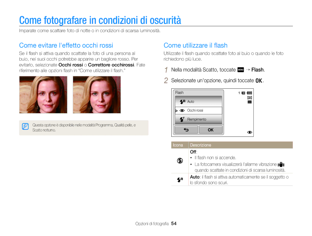 Samsung EC-ST95ZZBPBE1, EC-ST95ZZBPLE1 manual Come fotografare in condizioni di oscurità, Come evitare leffetto occhi rossi 