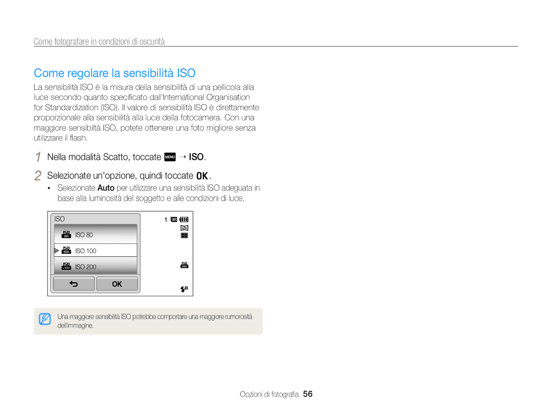 Samsung EC-ST95ZZBPLE1, EC-ST95ZZBPBE1, EC-ST95ZZBPOE1 manual Come regolare la sensibilità ISO 