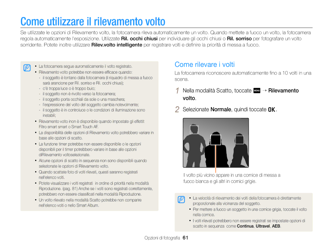 Samsung EC-ST95ZZBPOE1, EC-ST95ZZBPLE1, EC-ST95ZZBPBE1 manual Come utilizzare il rilevamento volto, Come rilevare i volti 