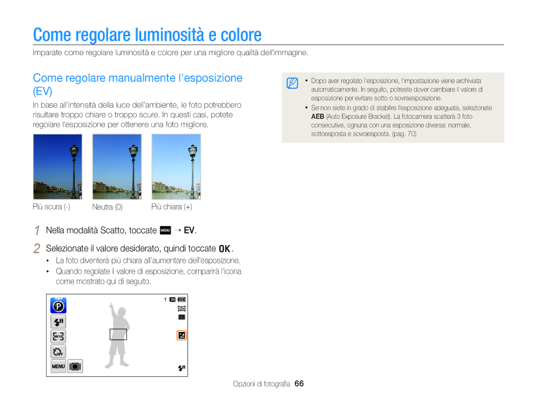 Samsung EC-ST95ZZBPBE1, EC-ST95ZZBPLE1 Come regolare luminosità e colore, Come regolare manualmente lesposizione EV 