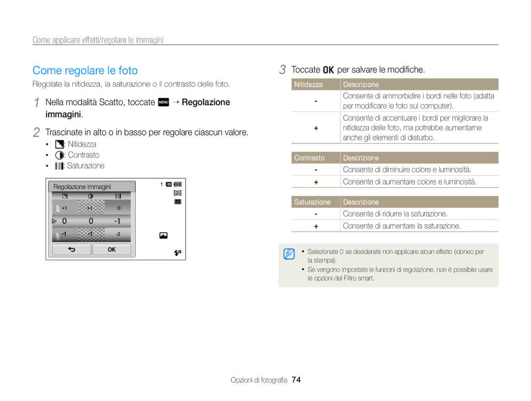 Samsung EC-ST95ZZBPLE1 manual Come regolare le foto, Nella modalità Scatto, toccate m “ Regolazione immagini, Contrasto 