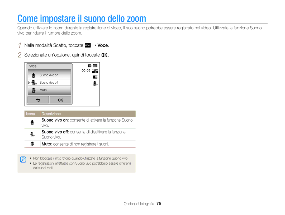 Samsung EC-ST95ZZBPBE1, EC-ST95ZZBPLE1, EC-ST95ZZBPOE1 manual Come impostare il suono dello zoom, Icona Descrizione 