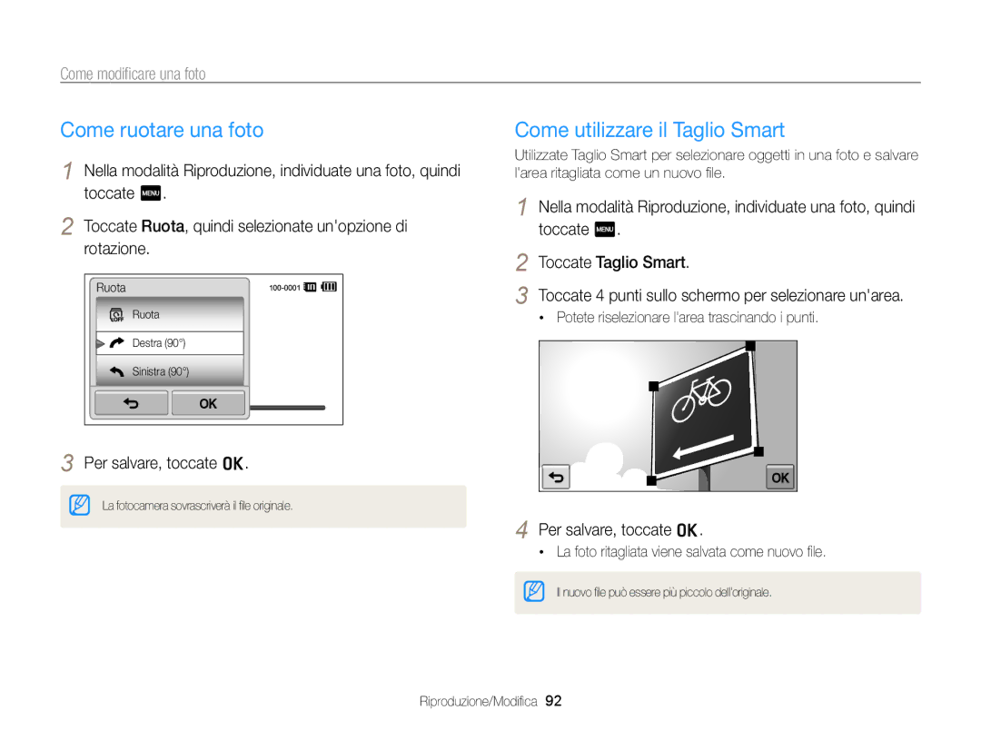 Samsung EC-ST95ZZBPLE1, EC-ST95ZZBPBE1 Come ruotare una foto, Come utilizzare il Taglio Smart, Come modiﬁcare una foto 