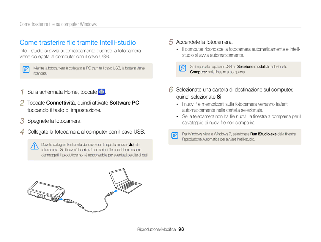 Samsung EC-ST95ZZBPLE1, EC-ST95ZZBPBE1 Come trasferire ﬁle tramite Intelli-studio, Come trasferire ﬁle su computer Windows 