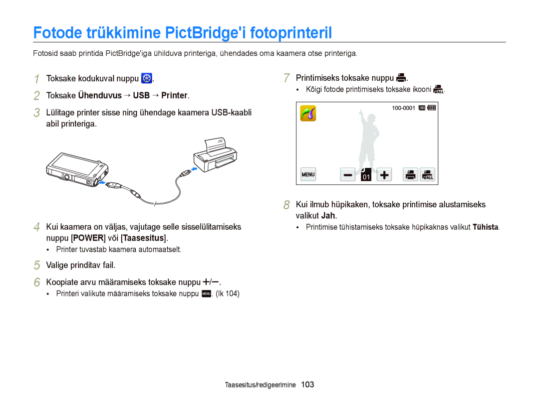 Samsung EC-ST95ZZBPSE2 manual Fotode trükkimine PictBridgei fotoprinteril, Abil printeriga, Nuppu Power või Taasesitus 