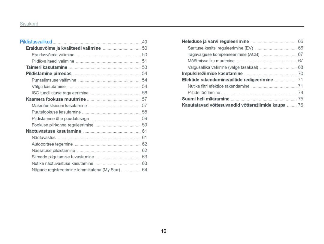 Samsung EC-ST95ZZBPSE2, EC-ST95ZZBPOE2, EC-ST95ZZBPBE2 manual Sisukord, Eraldusvõime ja kvaliteedi valimine 