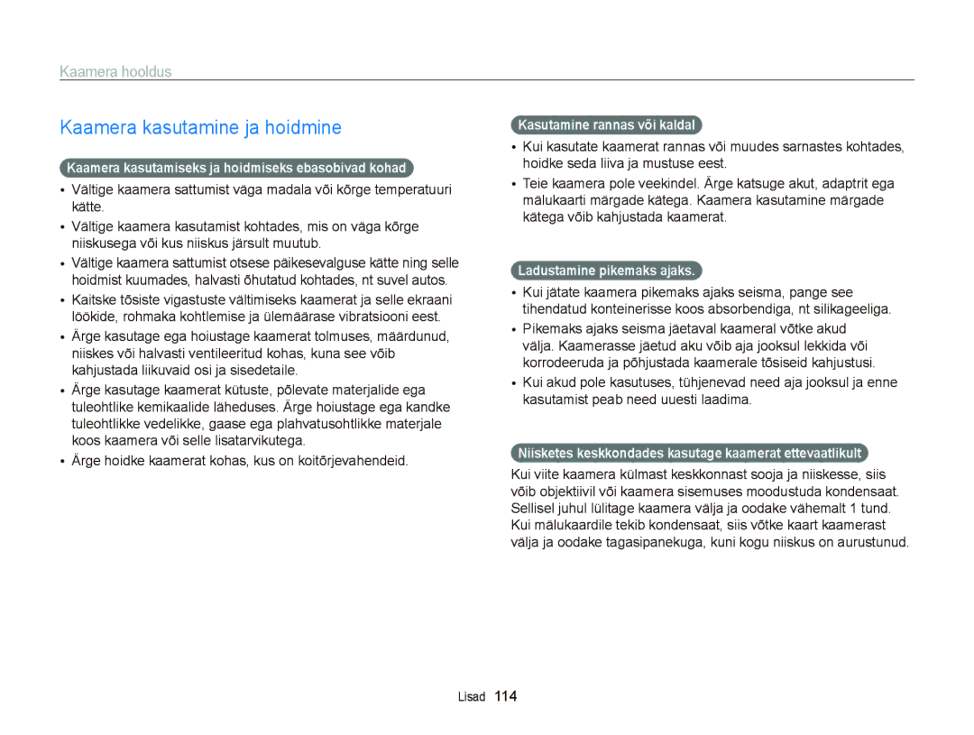 Samsung EC-ST95ZZBPBE2, EC-ST95ZZBPOE2, EC-ST95ZZBPSE2 manual Kaamera kasutamine ja hoidmine, Kaamera hooldus 