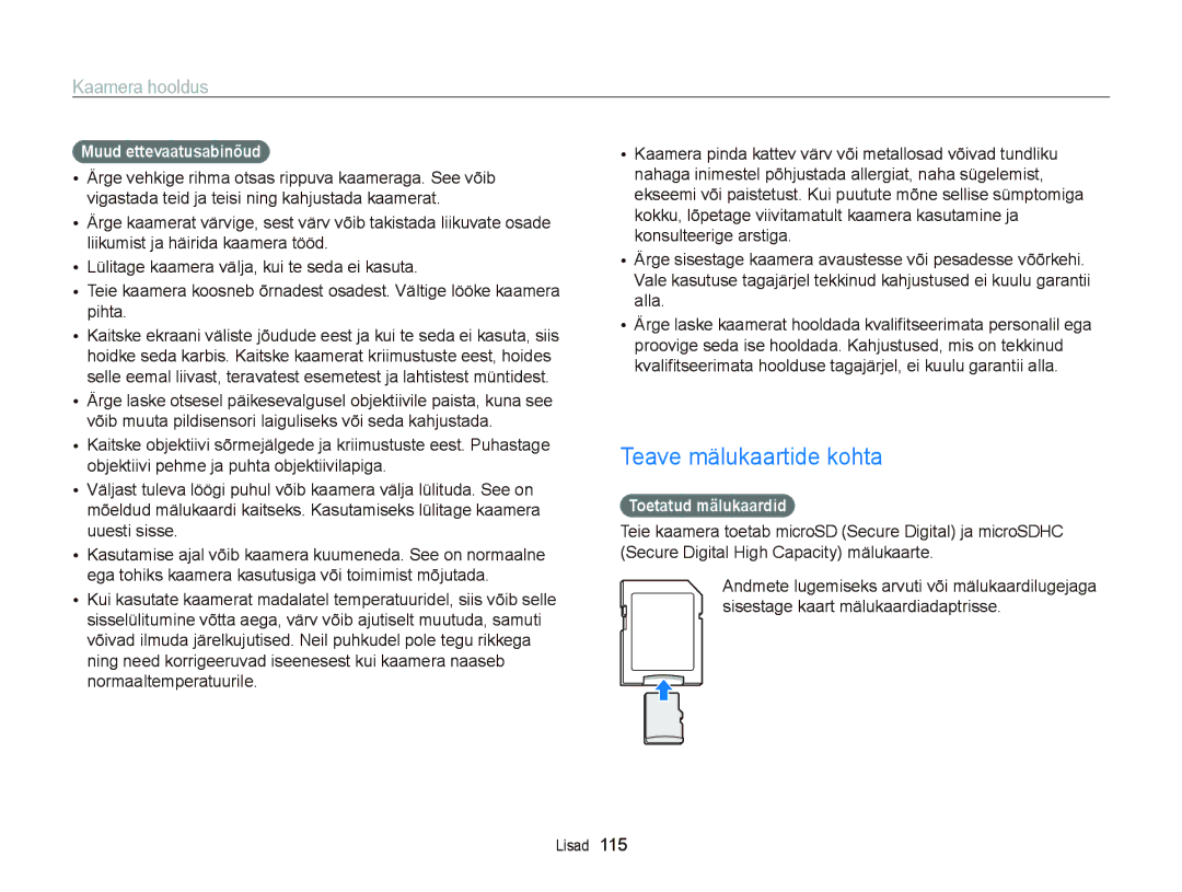 Samsung EC-ST95ZZBPSE2, EC-ST95ZZBPOE2 manual Teave mälukaartide kohta, Muud ettevaatusabinõud, Toetatud mälukaardid 