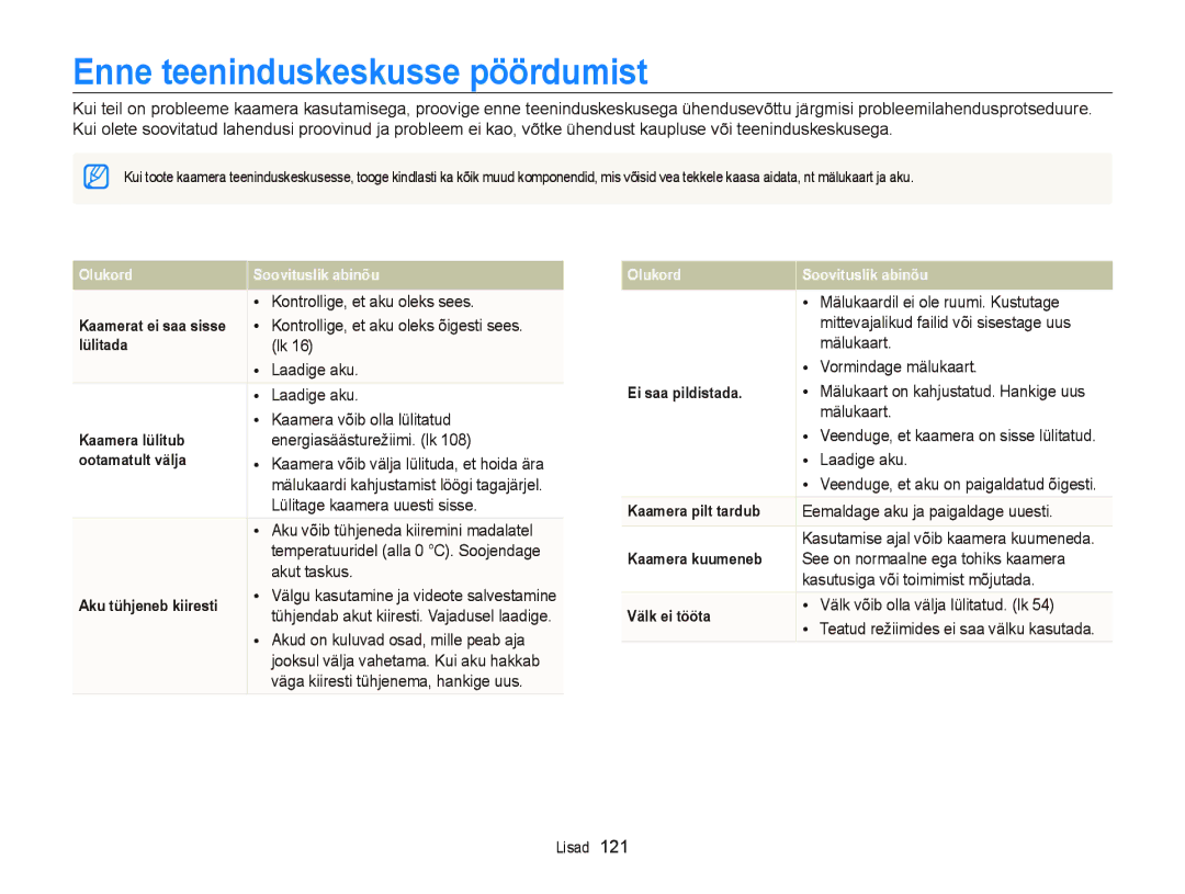 Samsung EC-ST95ZZBPSE2, EC-ST95ZZBPOE2, EC-ST95ZZBPBE2 manual Enne teeninduskeskusse pöördumist 