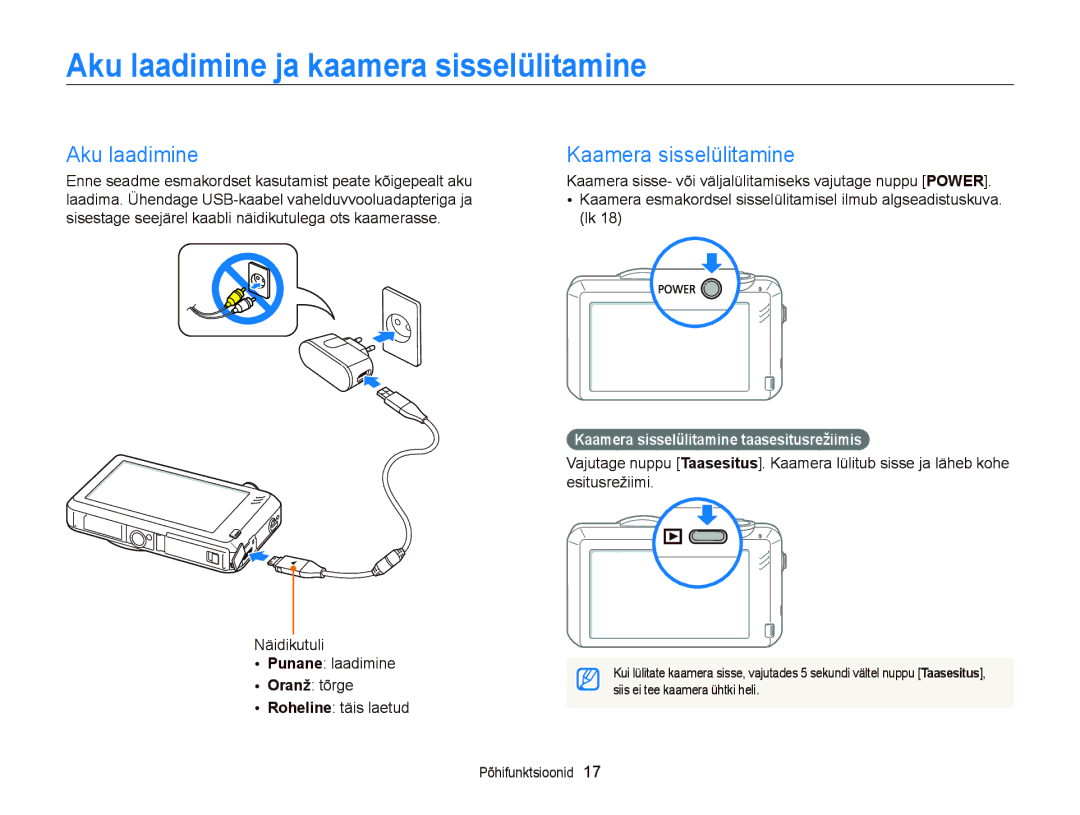 Samsung EC-ST95ZZBPOE2, EC-ST95ZZBPBE2, EC-ST95ZZBPSE2 Aku laadimine ja kaamera sisselülitamine, Kaamera sisselülitamine 