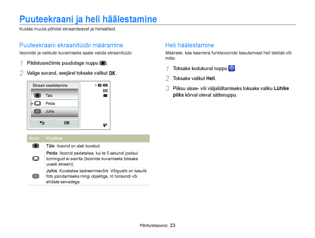 Samsung EC-ST95ZZBPOE2 manual Puuteekraani ja heli häälestamine, Puuteekraani ekraanitüübi määramine, Heli häälestamine 