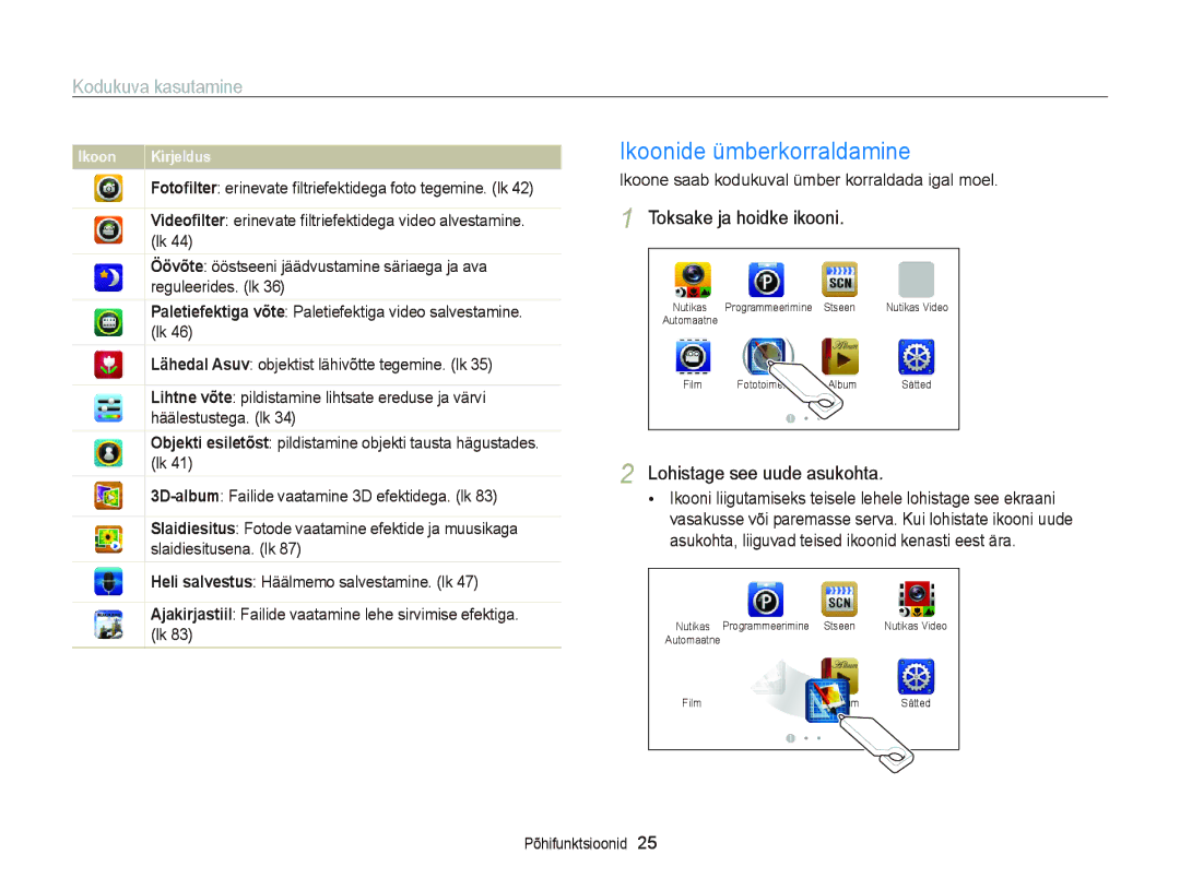 Samsung EC-ST95ZZBPSE2, EC-ST95ZZBPOE2 manual Ikoonide ümberkorraldamine, Kodukuva kasutamine, Toksake ja hoidke ikooni 