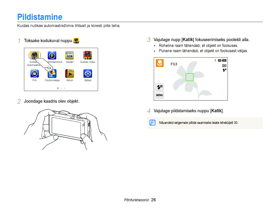 Samsung EC-ST95ZZBPOE2, EC-ST95ZZBPBE2 manual Pildistamine, Toksake kodukuval nuppu, Vajutage pildstamiseks nuppu Katik 